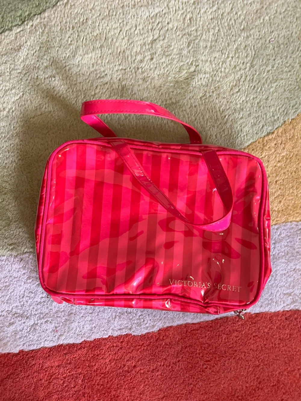 Victoria's Secret Hot Pink Glossy Striped Cosmetic Bag